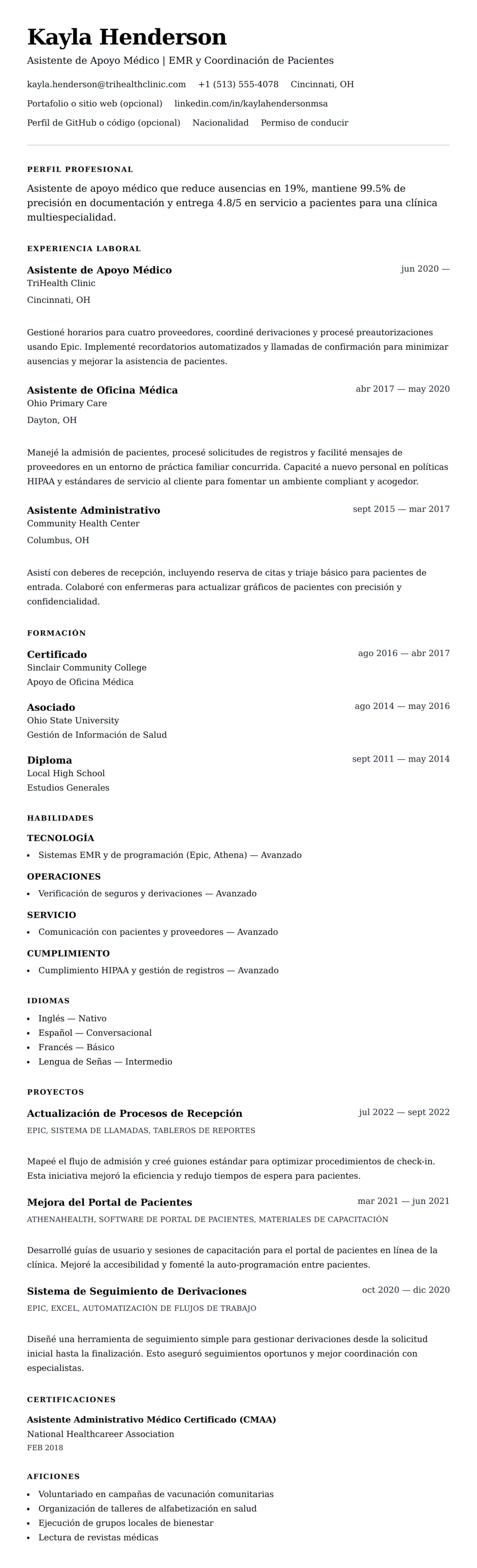 Vista previa del currículum Ejemplo de Currículum de Asistente de Apoyo Médico