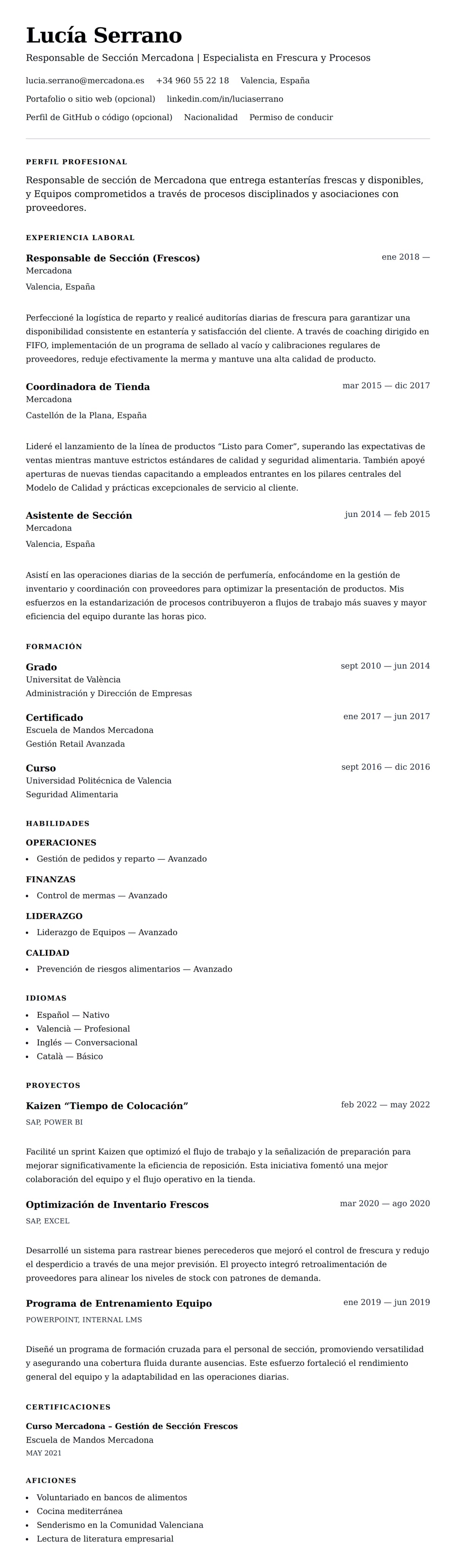 Vista previa del currículum Ejemplo de Currículum de Responsable de Sección Mercadona