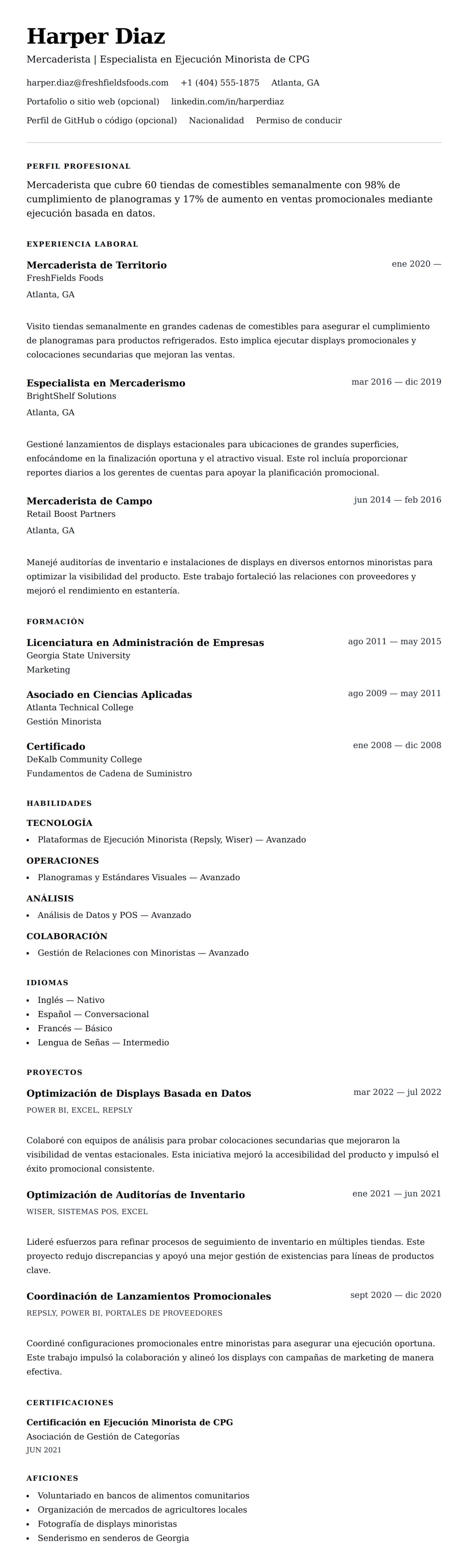 Vista previa del currículum Ejemplo de Currículum de Mercaderista