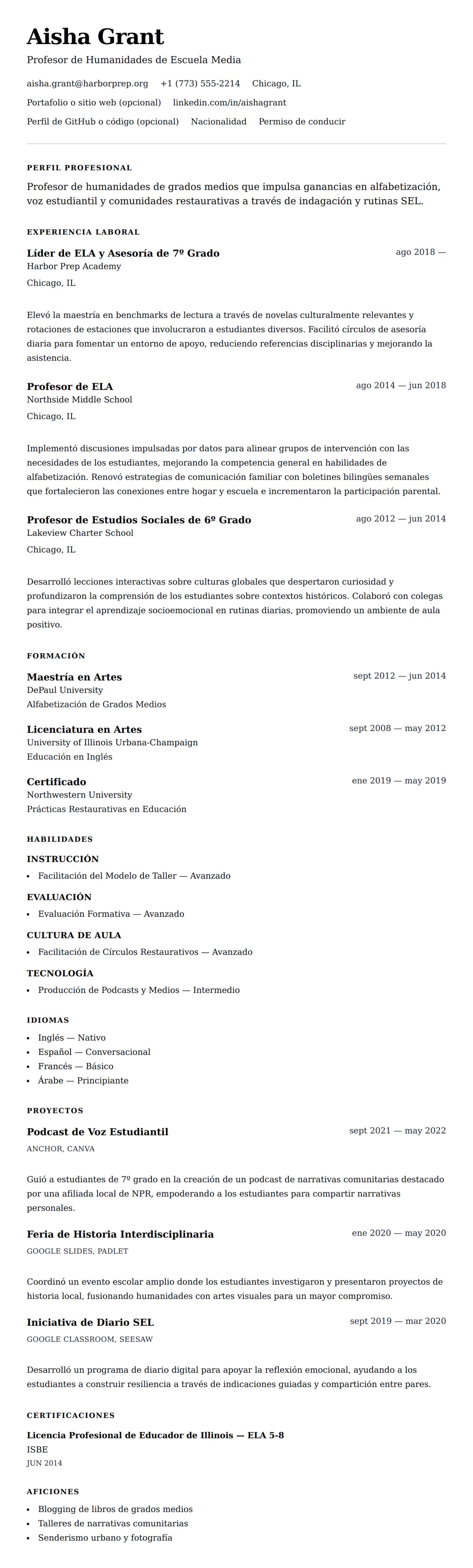 Vista previa del currículum Ejemplo de Currículum de Profesor de Escuela Media