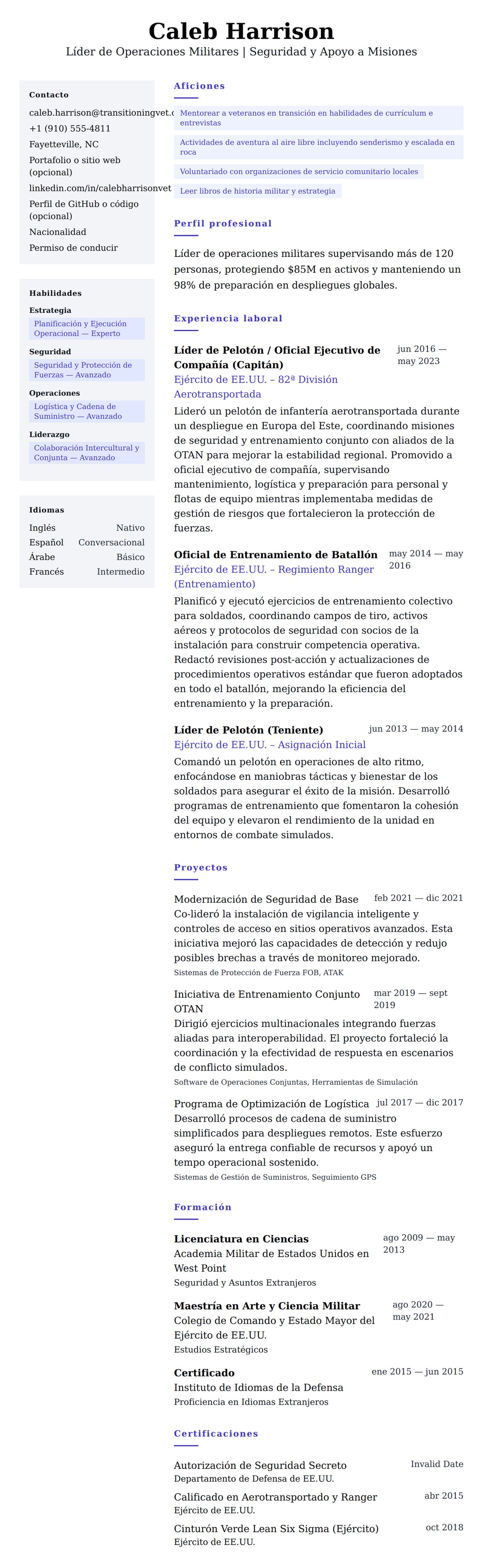 Vista previa del currículum Ejemplo de Currículum de Miembro del Servicio Militar