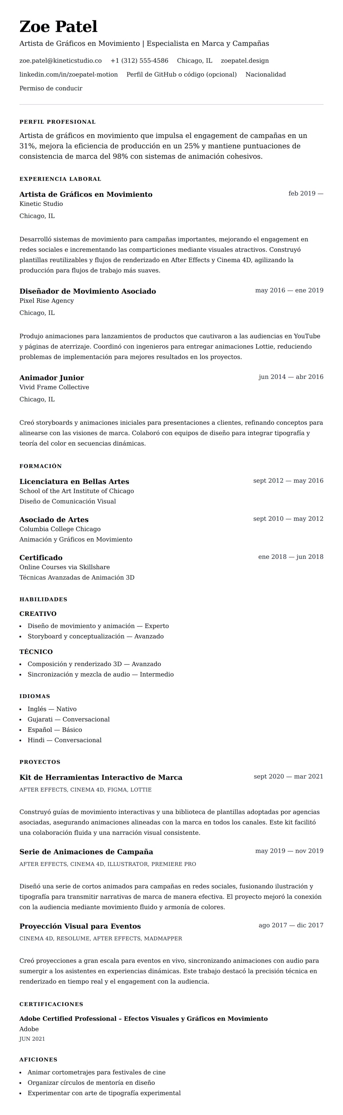 Vista previa del currículum Ejemplo de Currículum de Artista de Gráficos en Movimiento