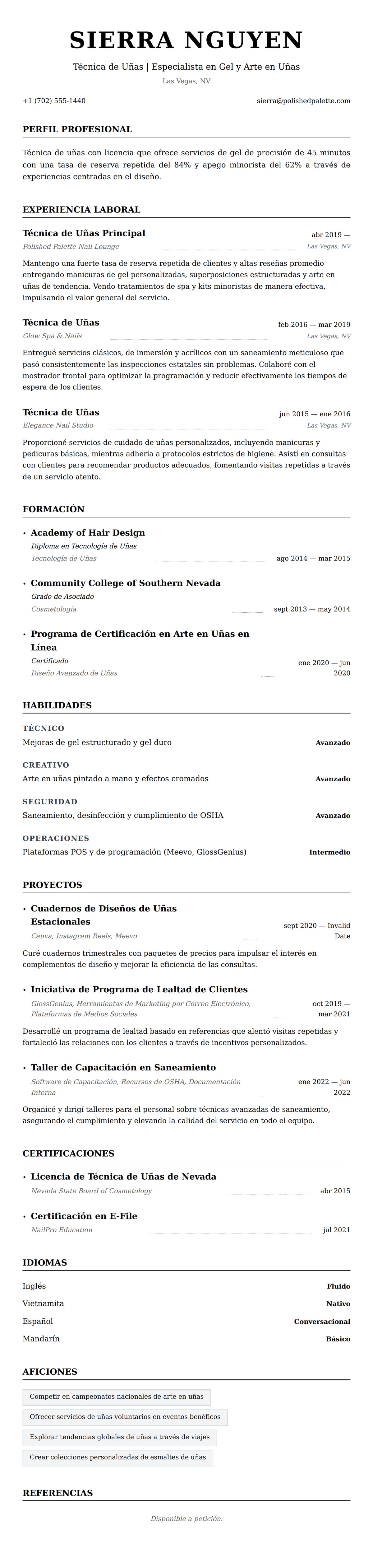 Vista previa del currículum Ejemplo de Currículum de Técnica de Uñas