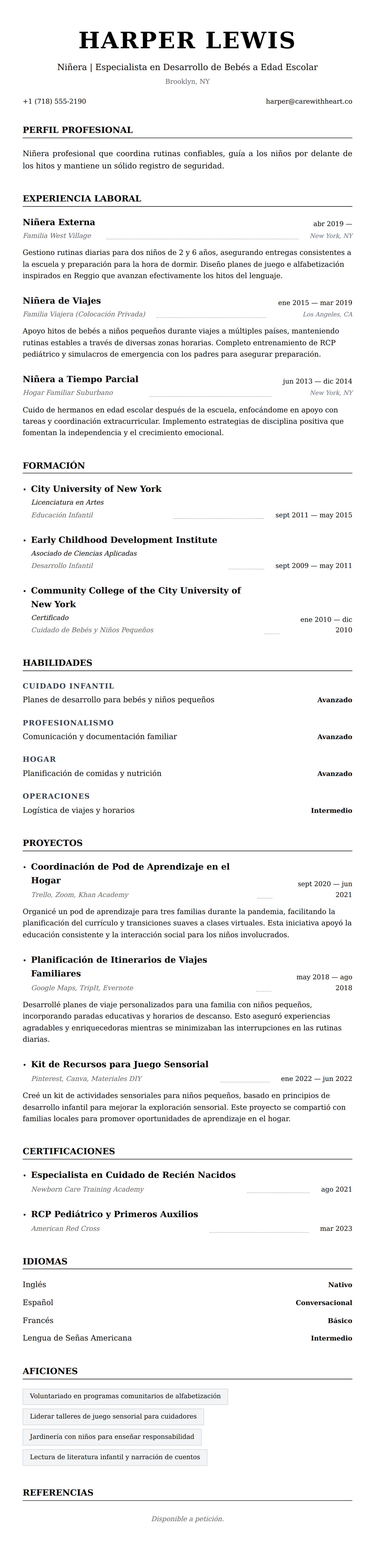 Vista previa del currículum Ejemplo de Currículum de Niñera