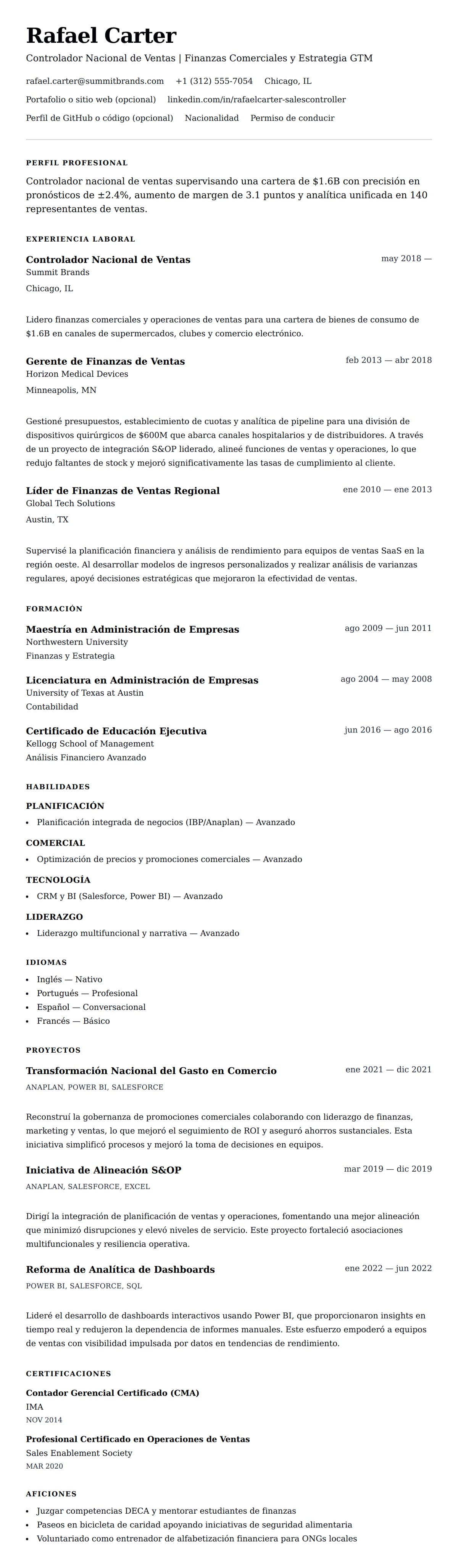 Vista previa del currículum Ejemplo de Currículum de Controlador Nacional de Ventas
