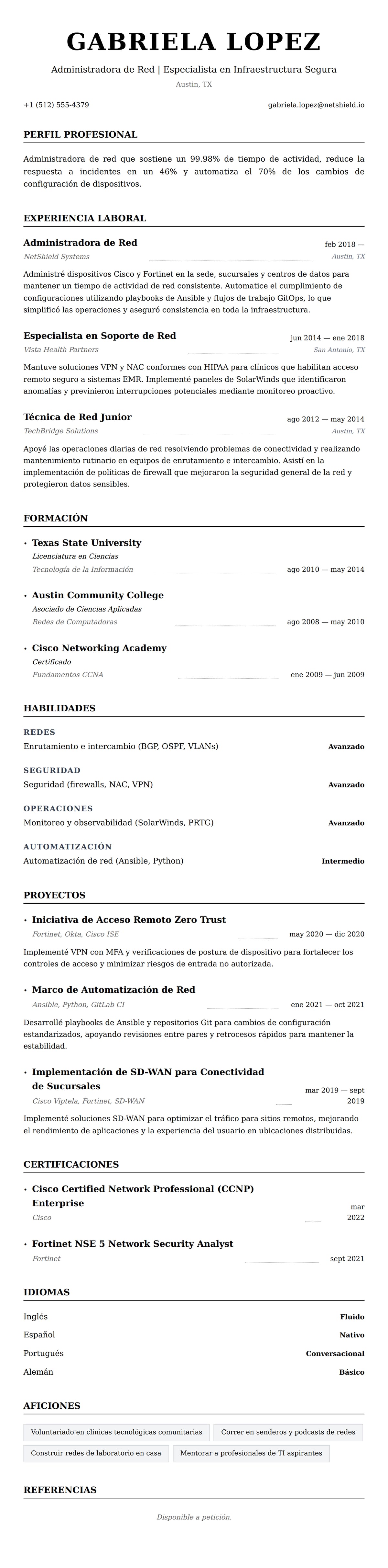 Vista previa del currículum Ejemplo de Currículum de Administrador de Red