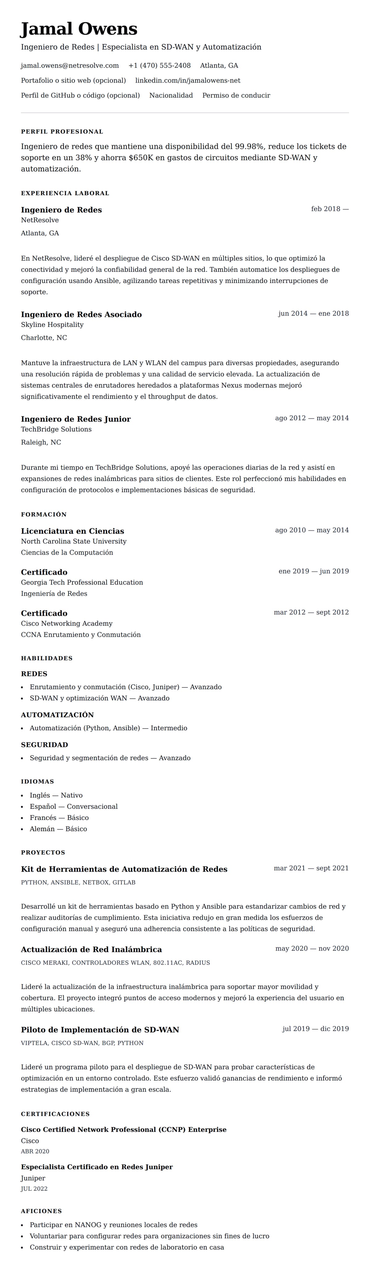 Vista previa del currículum Ejemplo de Currículum de Ingeniero de Redes