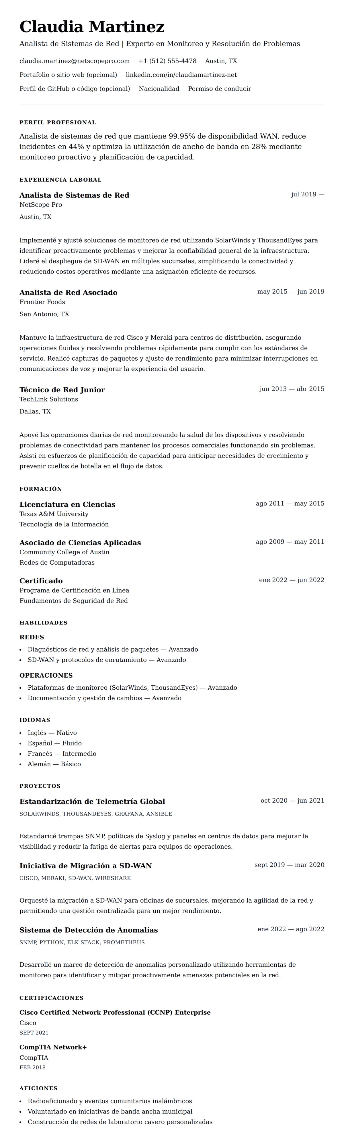 Vista previa del currículum Ejemplo de Currículum de Analista de Sistemas de Red