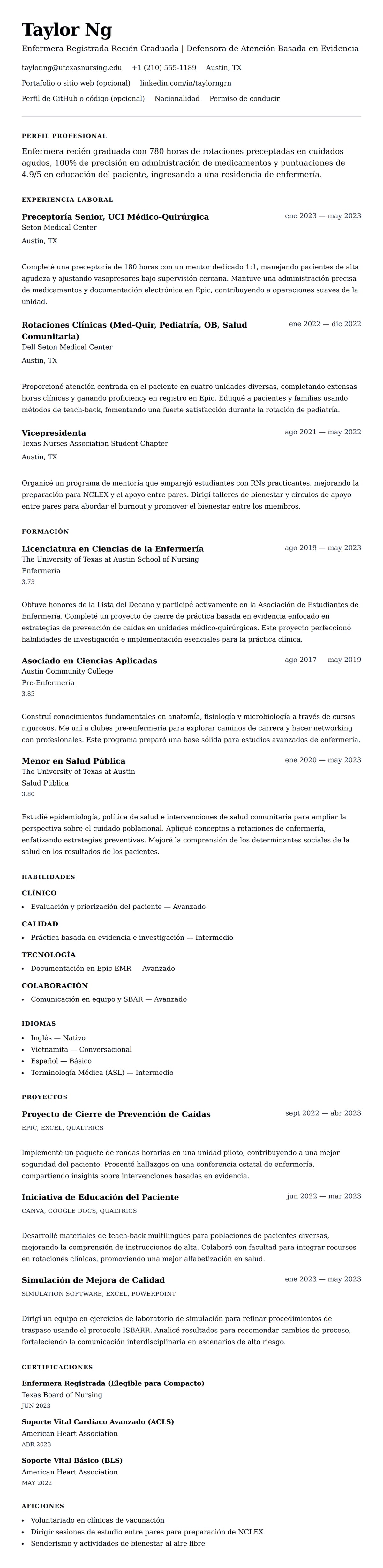 Vista previa del currículum Ejemplo de Currículum para Enfermera Recién Graduada