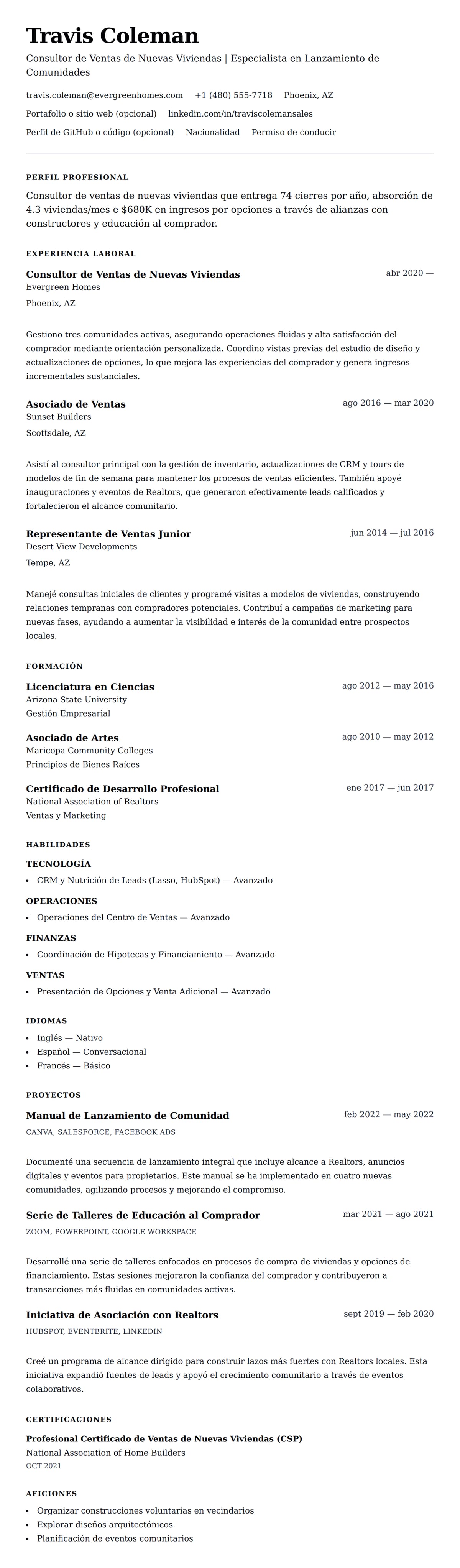 Vista previa del currículum Ejemplo de Currículum de Consultor de Ventas de Nuevas Viviendas
