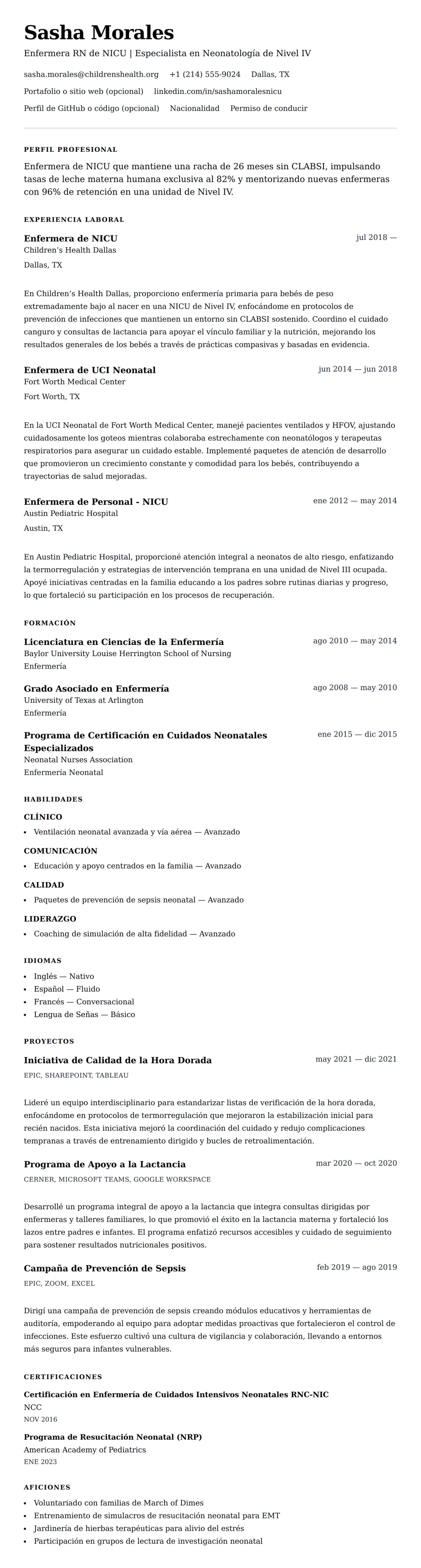 Vista previa del currículum Ejemplo de Currículum de Enfermera de NICU