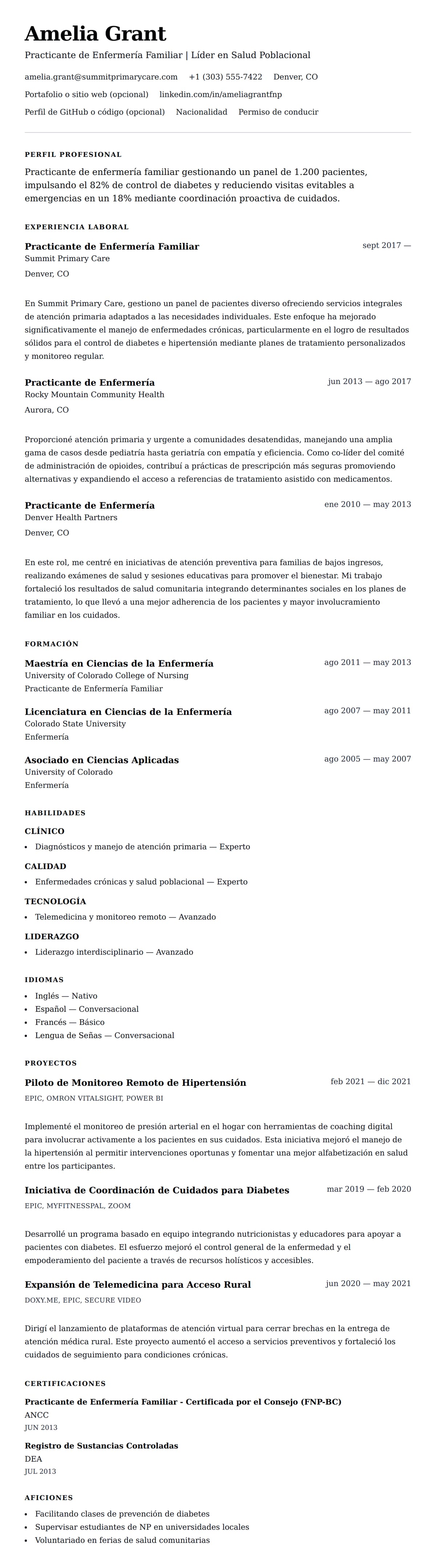 Vista previa del currículum Ejemplo de Currículum de Practicante de Enfermería