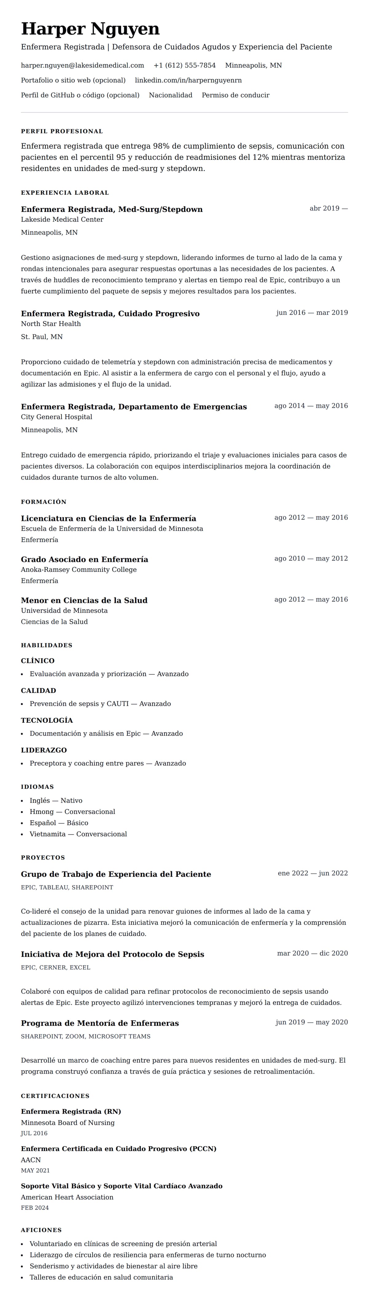 Vista previa del currículum Ejemplo de Currículum de Enfermera