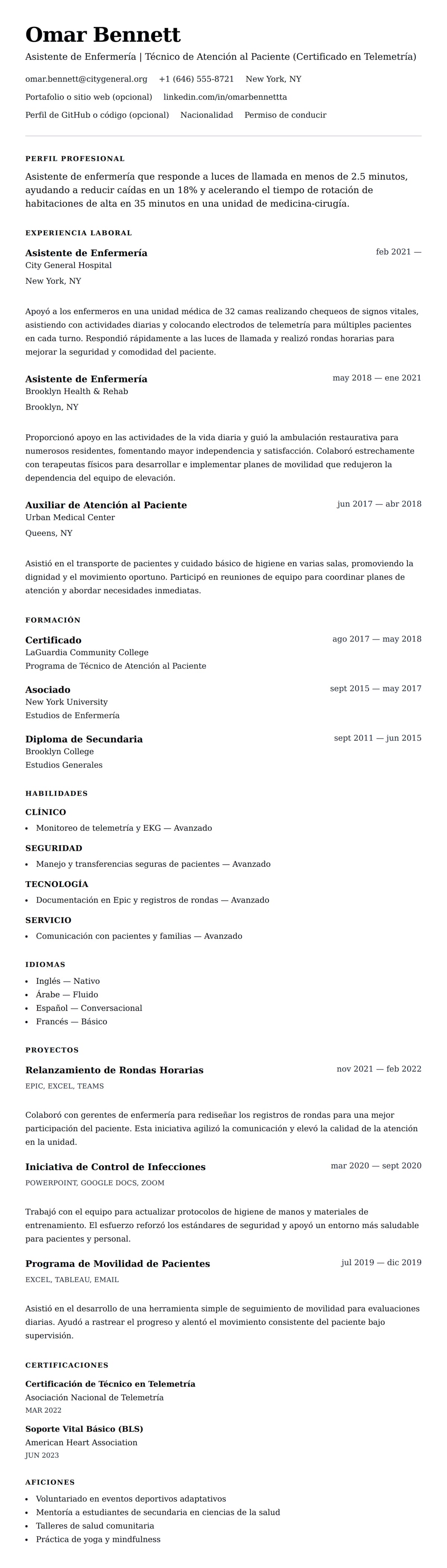 Vista previa del currículum Ejemplo de Currículum de Asistente de Enfermería