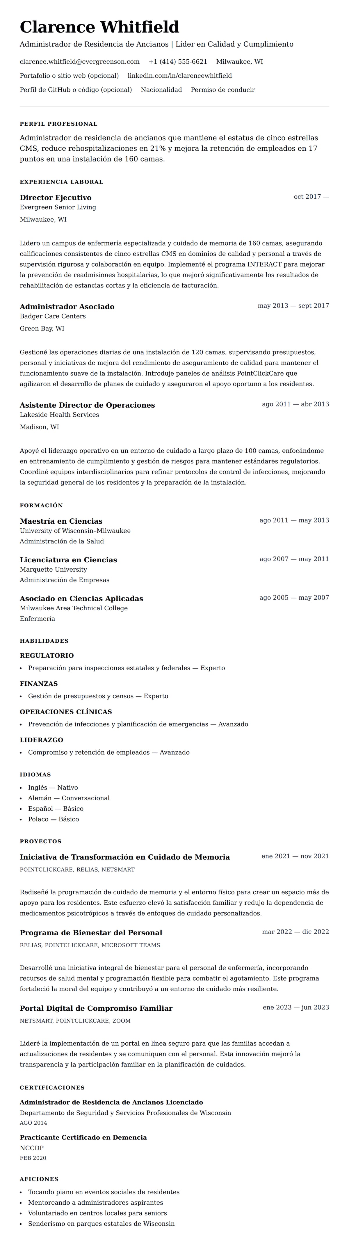 Vista previa del currículum Ejemplo de Currículum de Administrador de Residencia de Ancianos