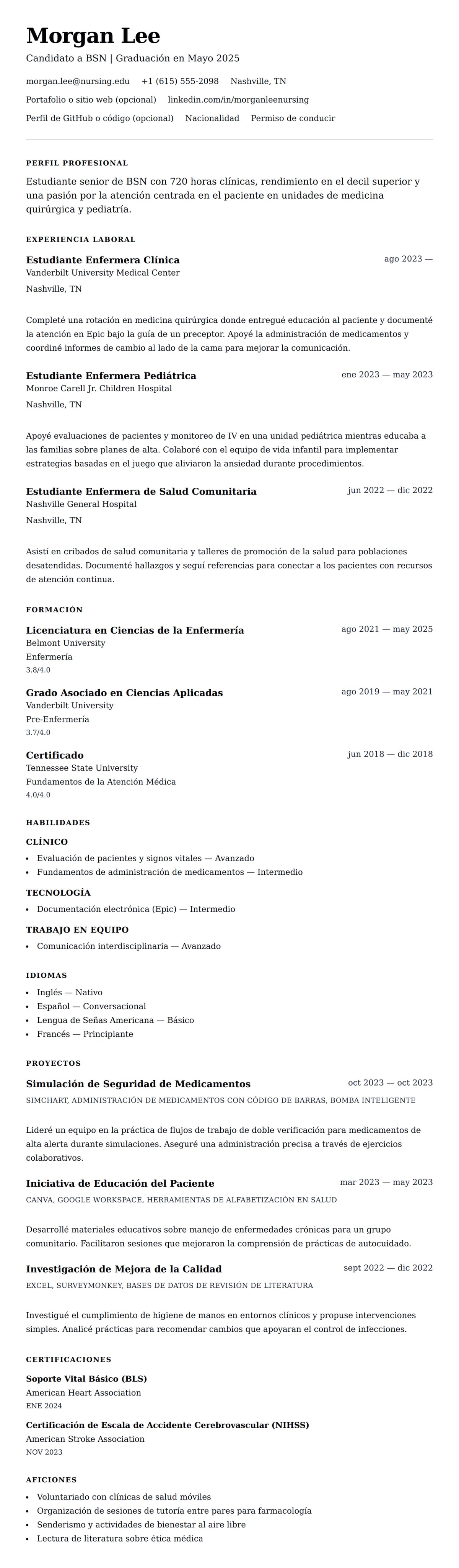 Vista previa del currículum Ejemplo de Currículum para Estudiante de Enfermería