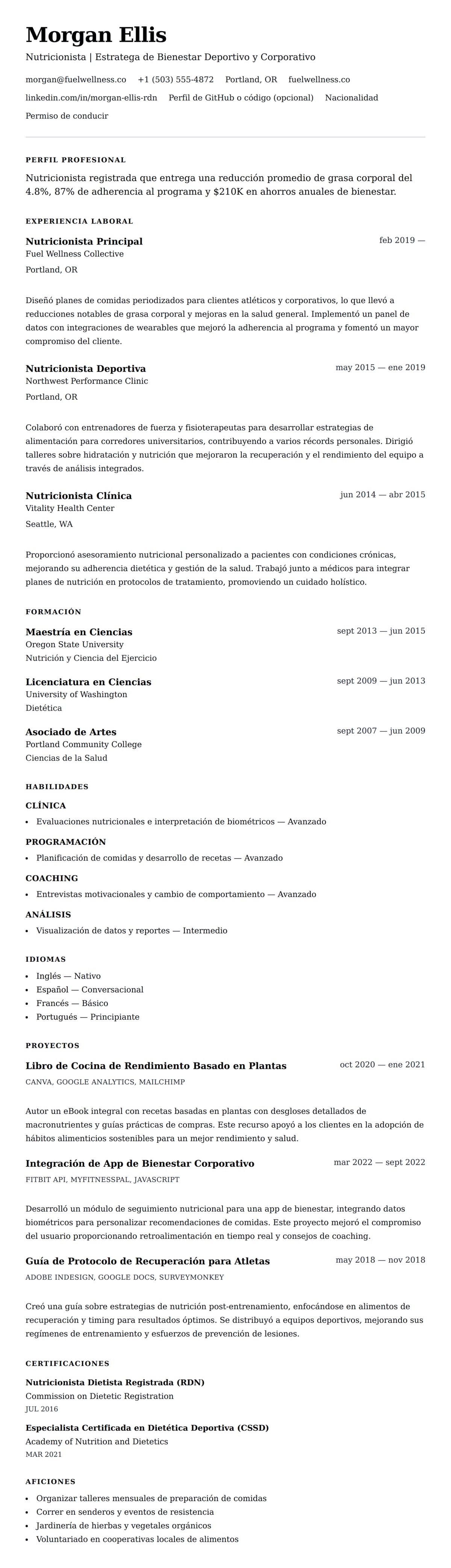 Vista previa del currículum Ejemplo de Currículum de Nutricionista