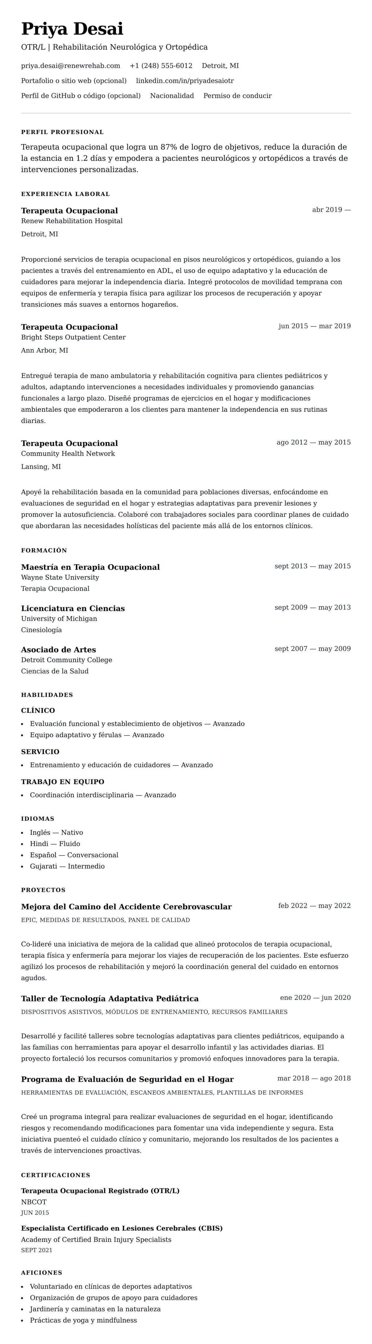 Vista previa del currículum Ejemplo de Currículum de Terapeuta Ocupacional