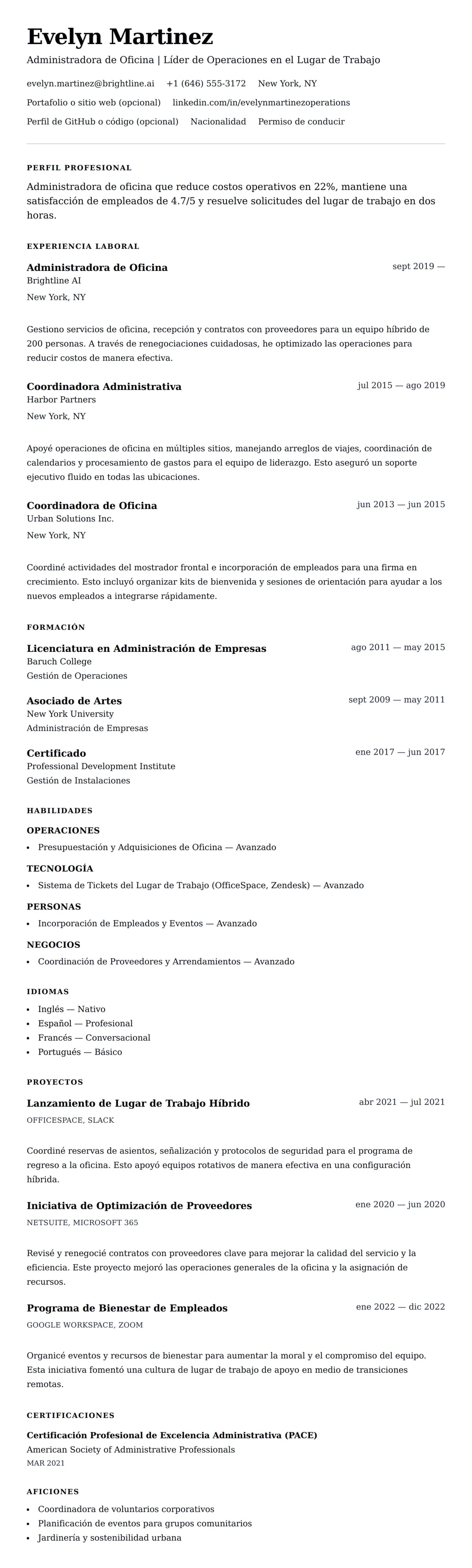 Vista previa del currículum Ejemplo de Currículum de Administrador de Oficina