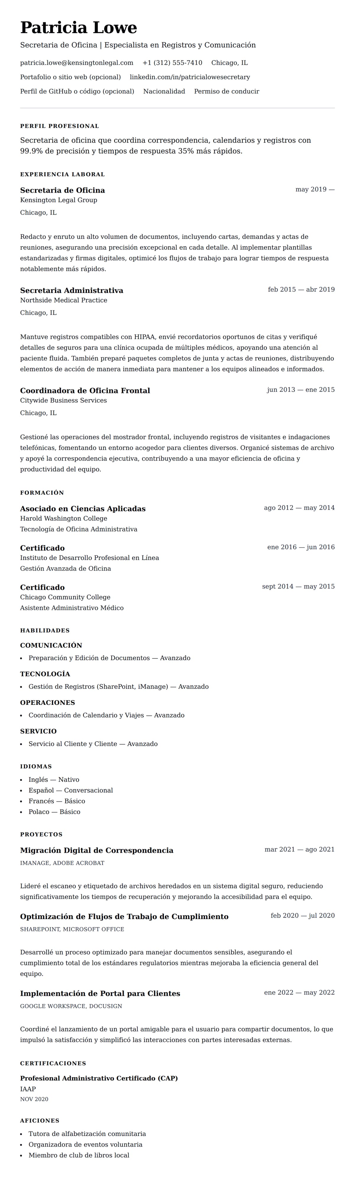 Vista previa del currículum Ejemplo de Currículum de Secretaria de Oficina