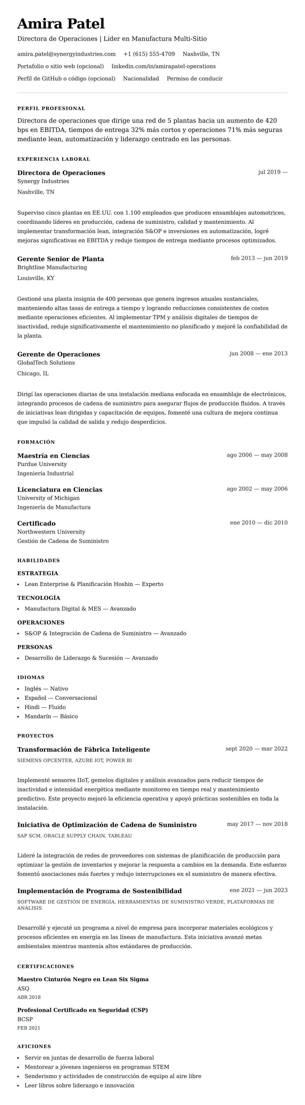 Vista previa del currículum Ejemplo de Currículum de Director de Operaciones