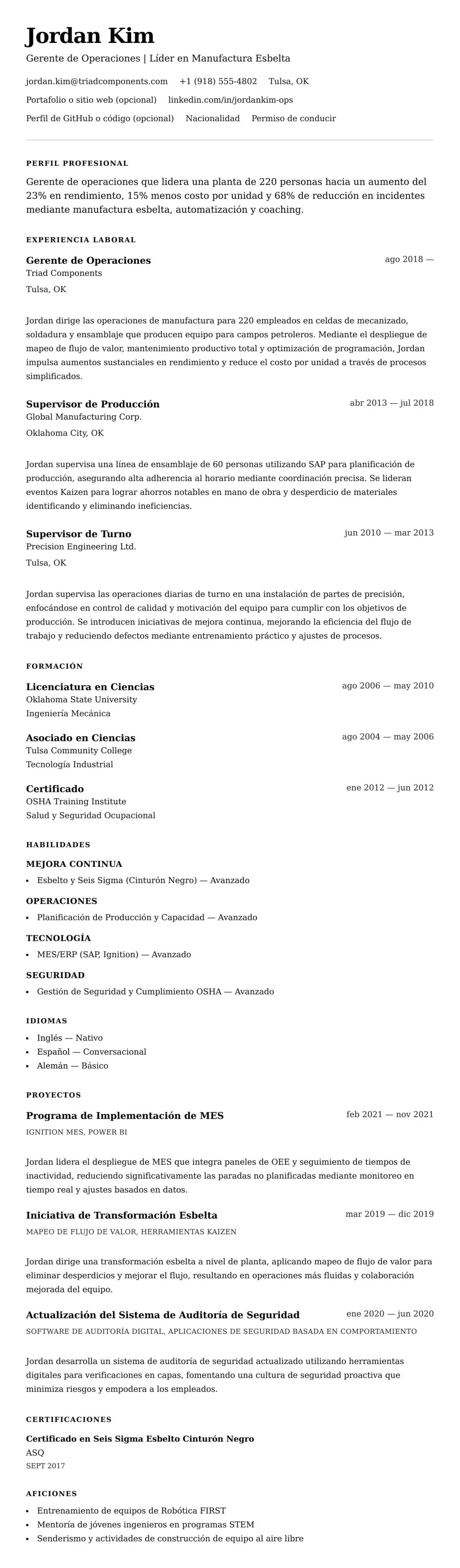 Vista previa del currículum Ejemplo de Currículum de Gerente de Operaciones