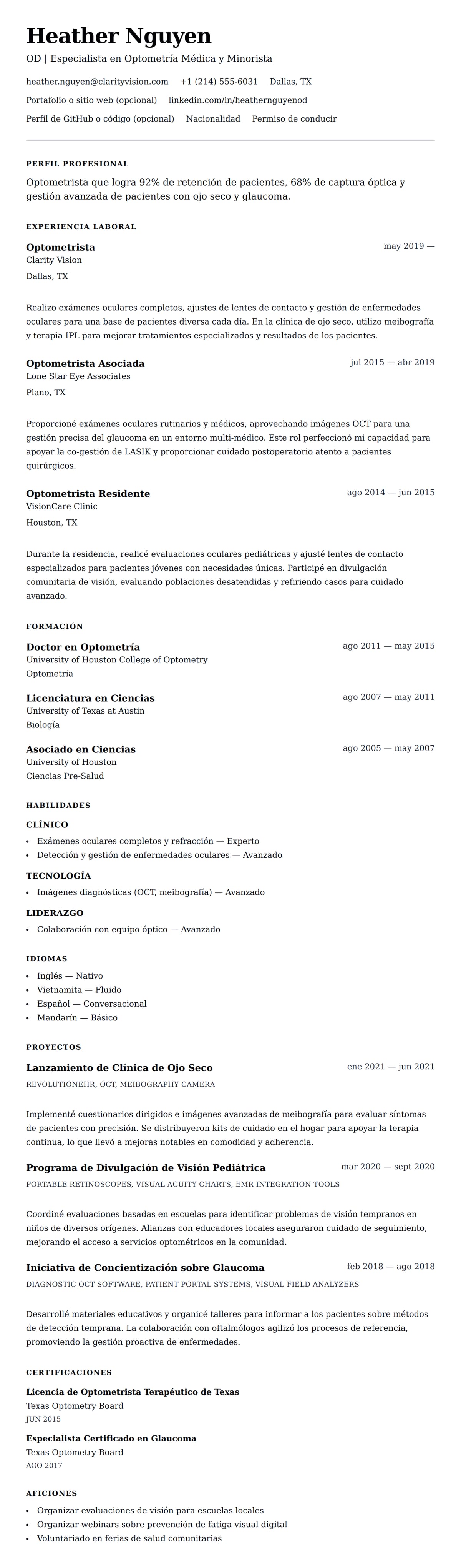 Vista previa del currículum Ejemplo de Currículum de Optometrista