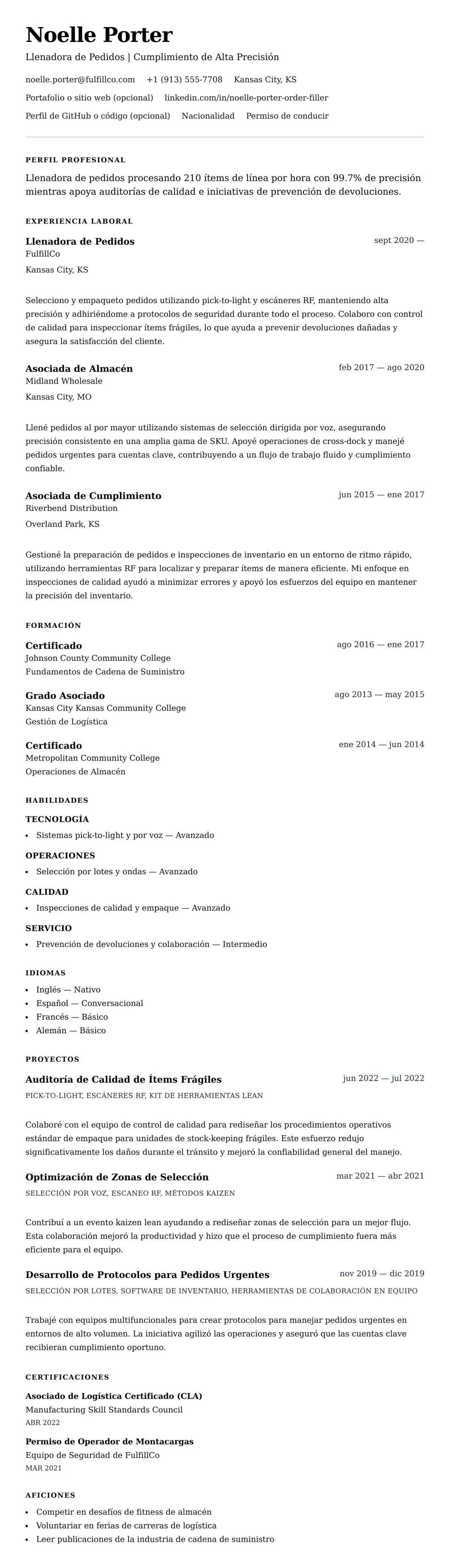 Vista previa del currículum Ejemplo de Currículum de Llenador de Pedidos