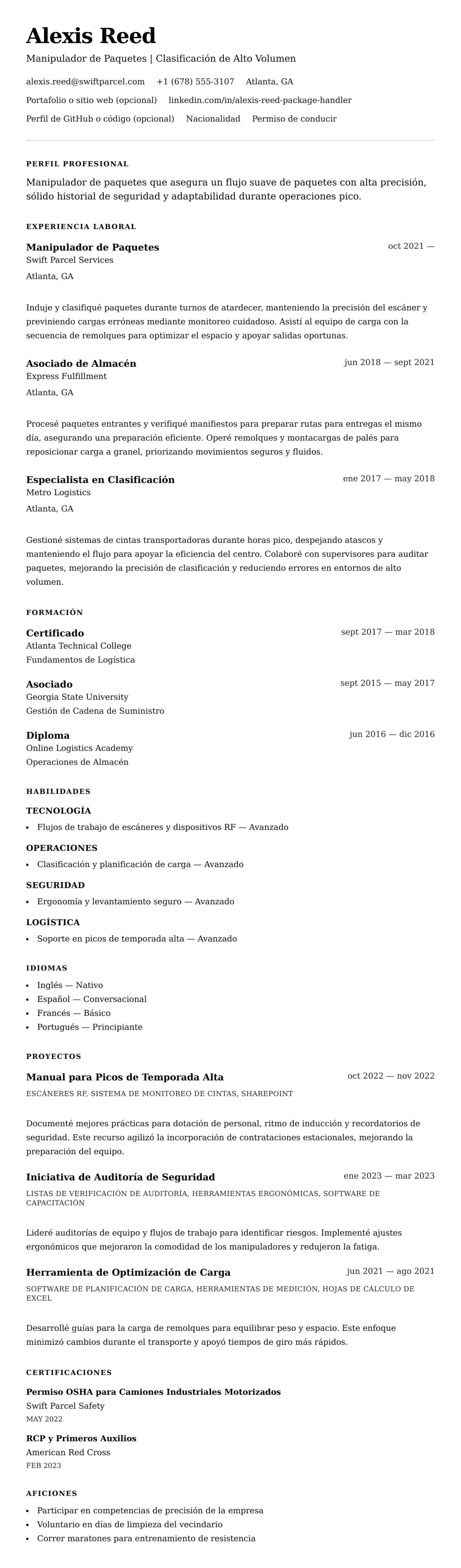 Vista previa del currículum Ejemplo de Currículum de Manipulador de Paquetes