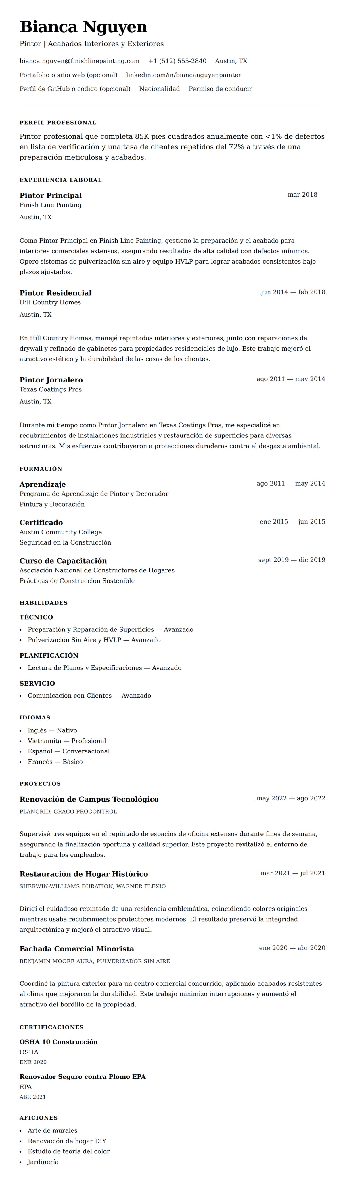 Vista previa del currículum Ejemplo de Currículum de Pintor