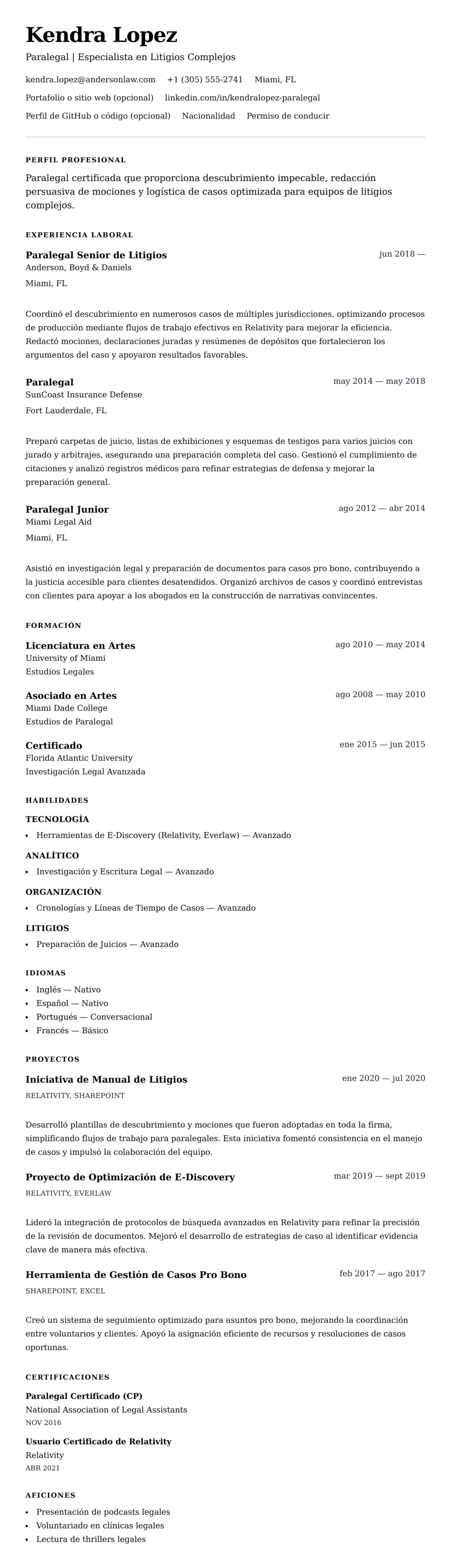 Vista previa del currículum Ejemplo de Currículum de Paralegal