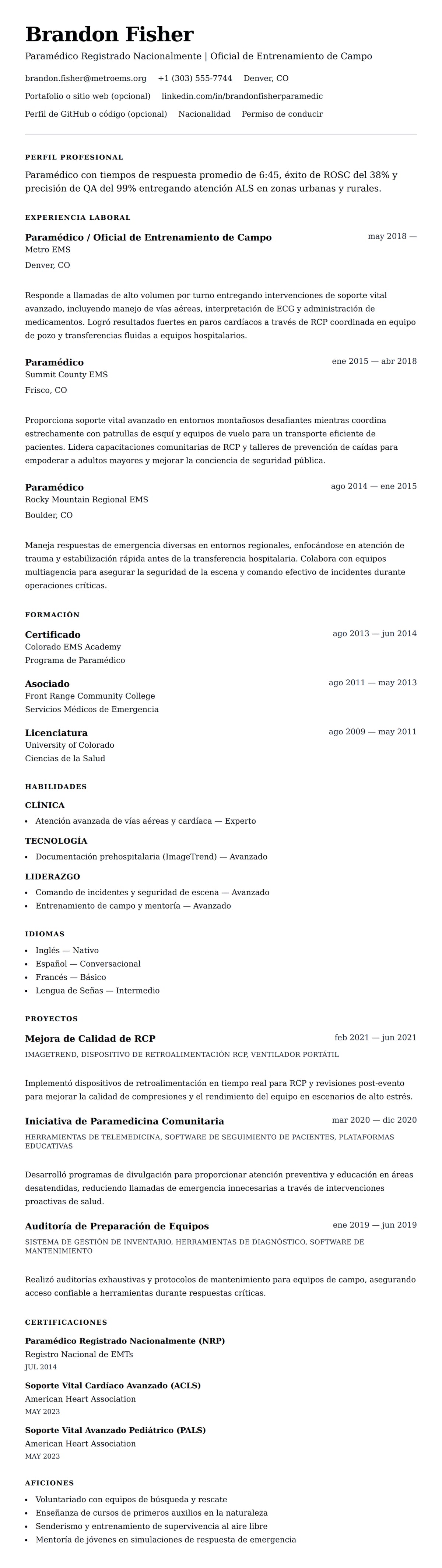 Vista previa del currículum Ejemplo de Currículum de Paramédico