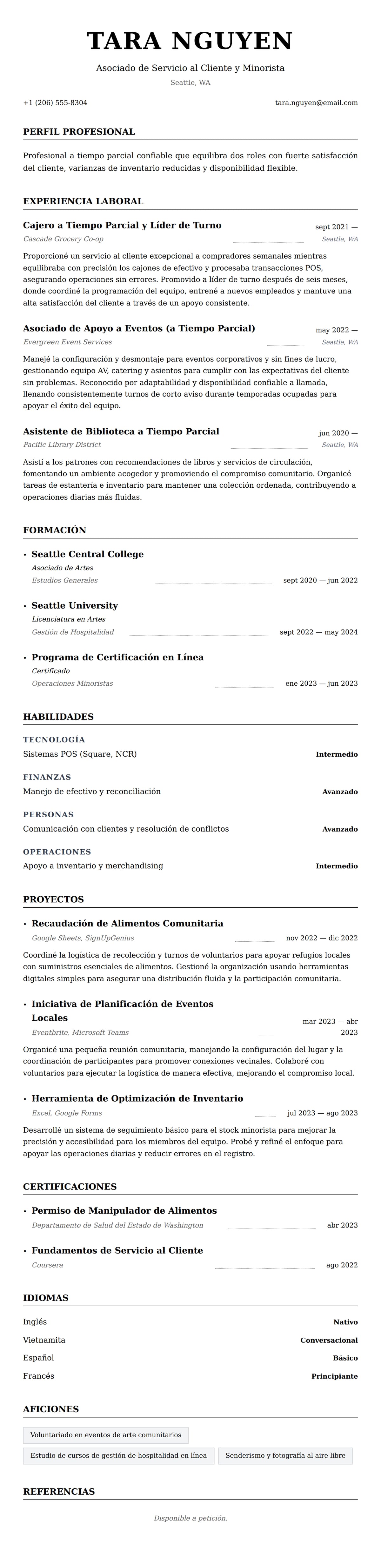 Vista previa del currículum Ejemplo de Currículum para Trabajo a Tiempo Parcial