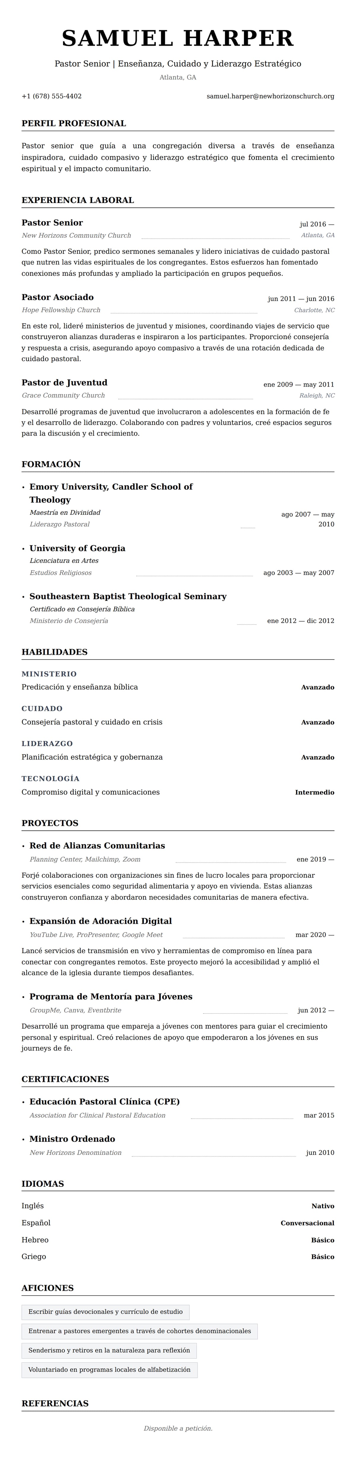 Vista previa del currículum Ejemplo de Currículum de Pastor