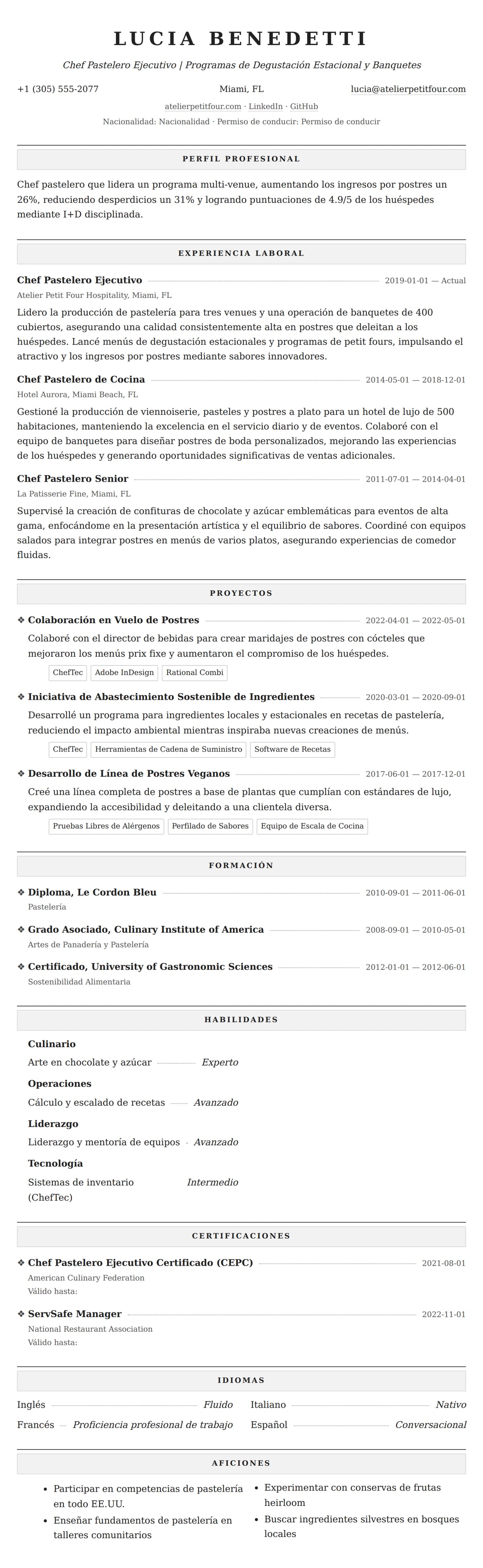 Vista previa del currículum Ejemplo de Currículum de Chef Pastelero