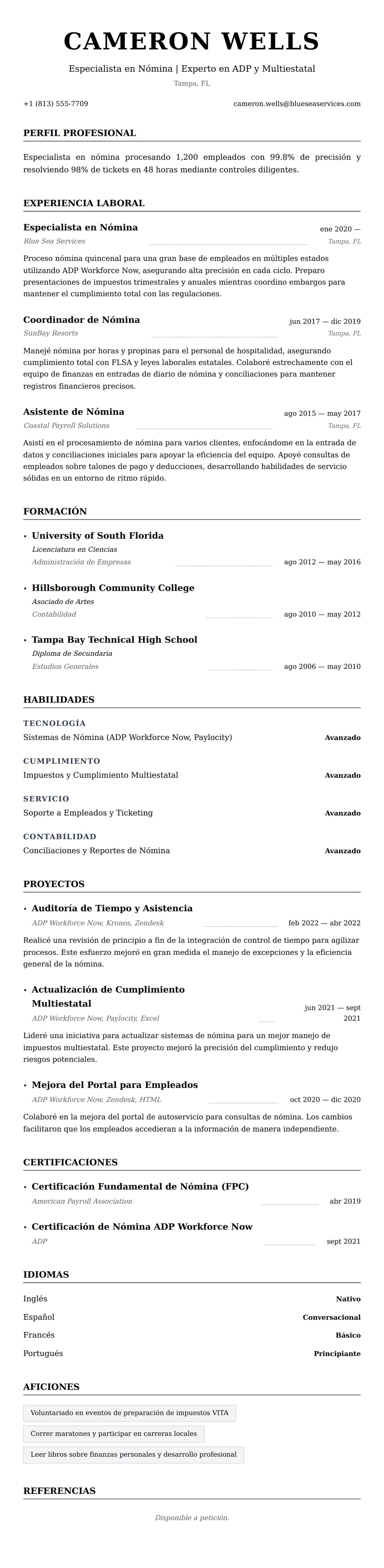 Vista previa del currículum Ejemplo de Currículum de Especialista en Nómina