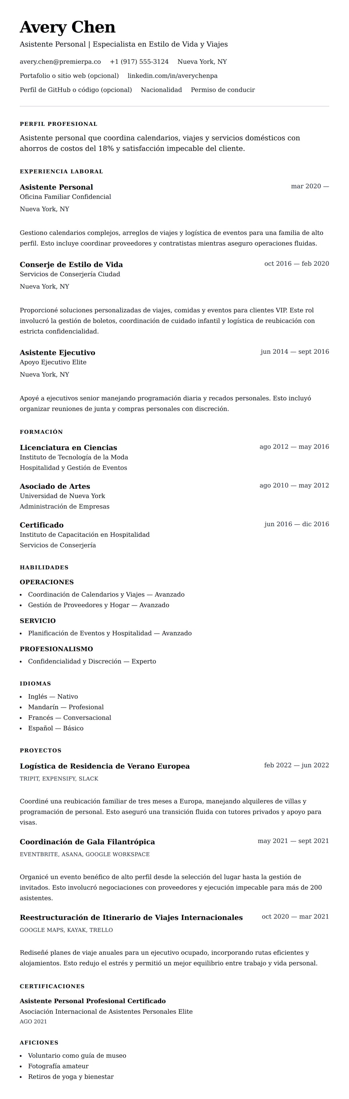 Vista previa del currículum Ejemplo de Currículum de Asistente Personal