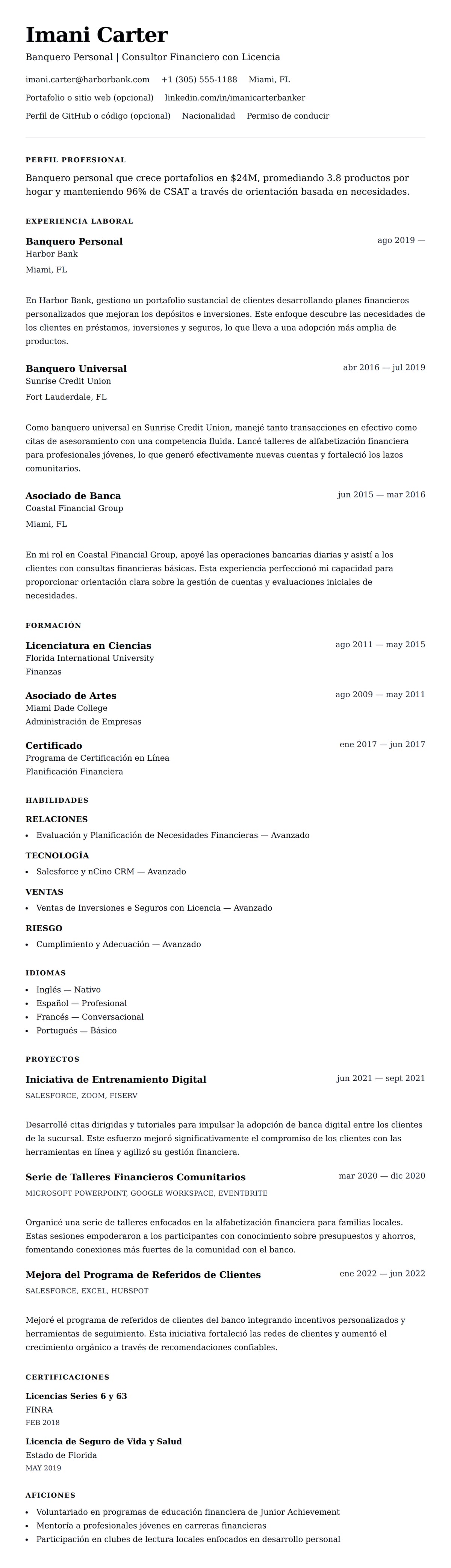 Vista previa del currículum Ejemplo de Currículum de Banquero Personal