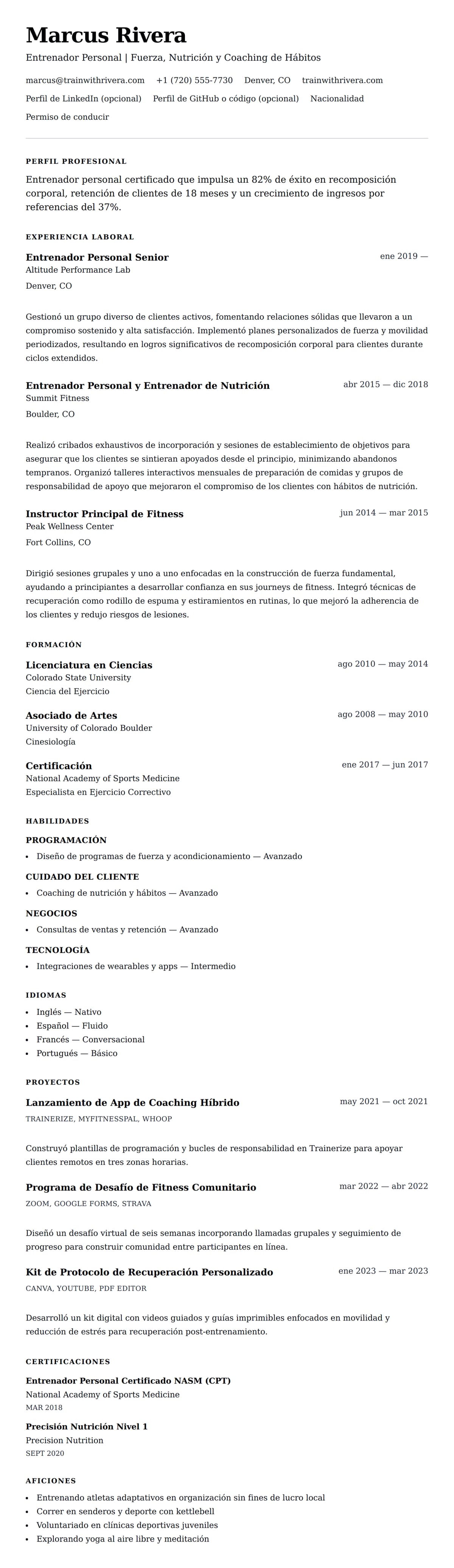 Vista previa del currículum Ejemplo de Currículum de Entrenador Personal