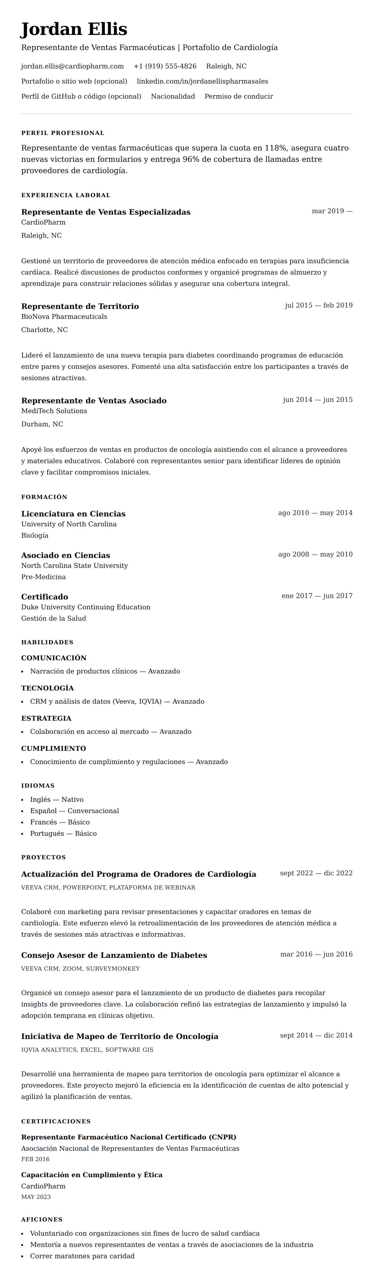 Vista previa del currículum Ejemplo de Currículum de Representante de Ventas Farmacéuticas