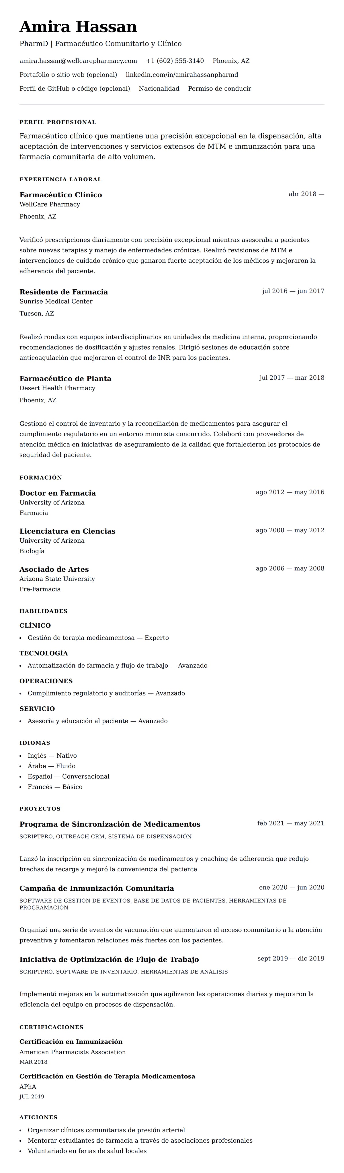 Vista previa del currículum Ejemplo de Currículum de Farmacéutico