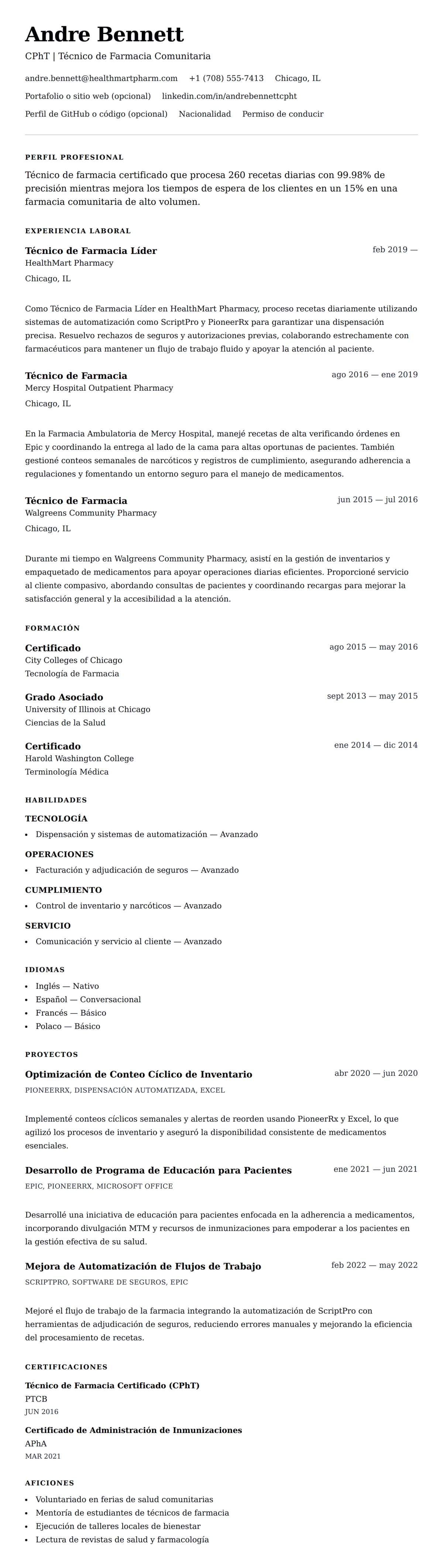 Vista previa del currículum Ejemplo de Currículum de Técnico de Farmacia