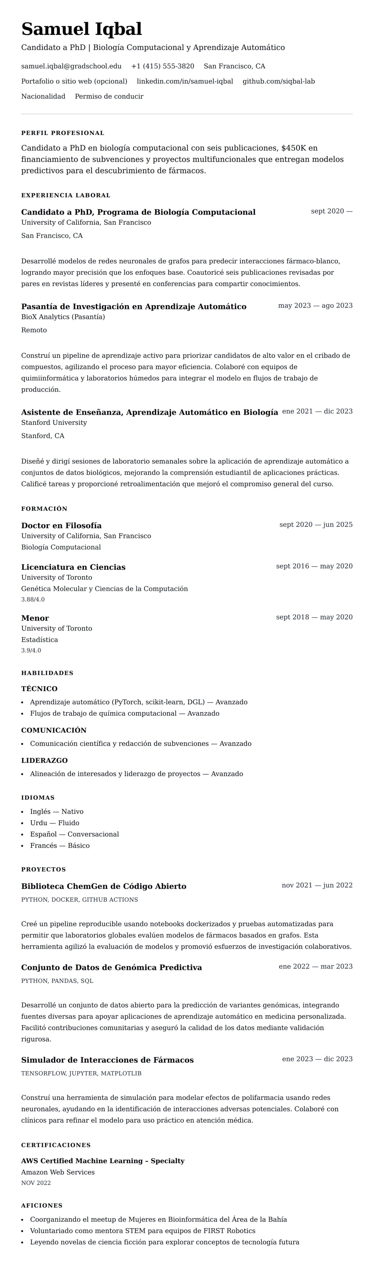 Vista previa del currículum Ejemplo de Currículum de PhD