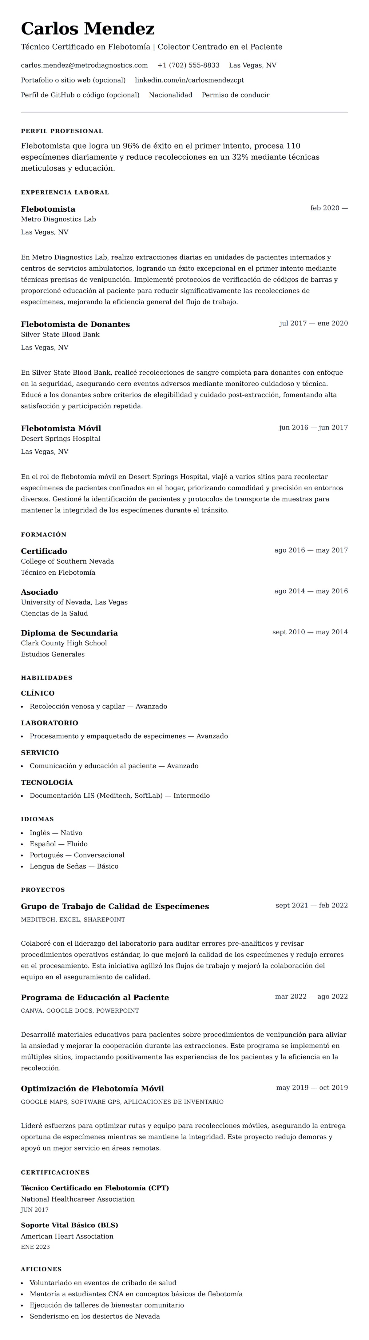 Vista previa del currículum Ejemplo de Currículum de Flebotomista