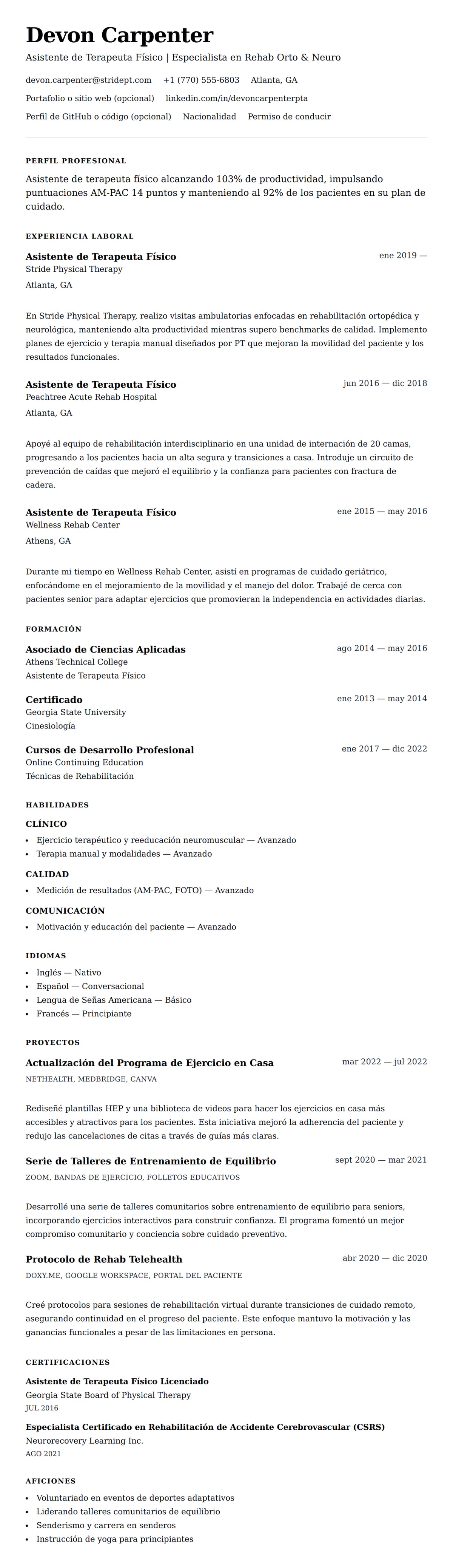 Vista previa del currículum Ejemplo de Currículum de Asistente de Terapeuta Físico (PTA)
