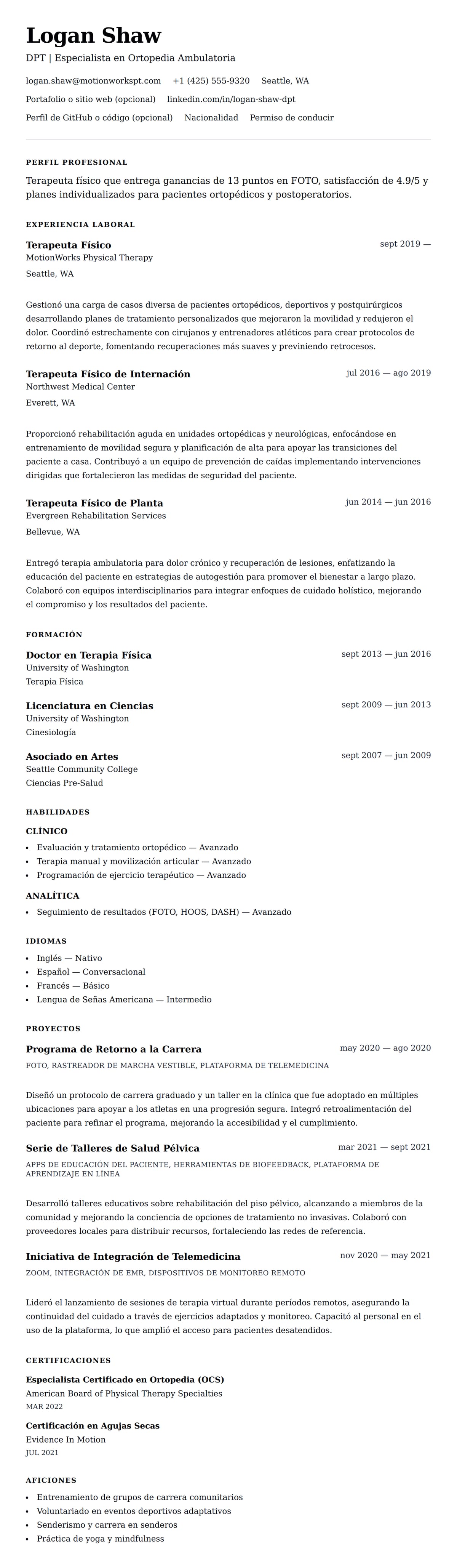 Vista previa del currículum Ejemplo de Currículum de Terapeuta Físico