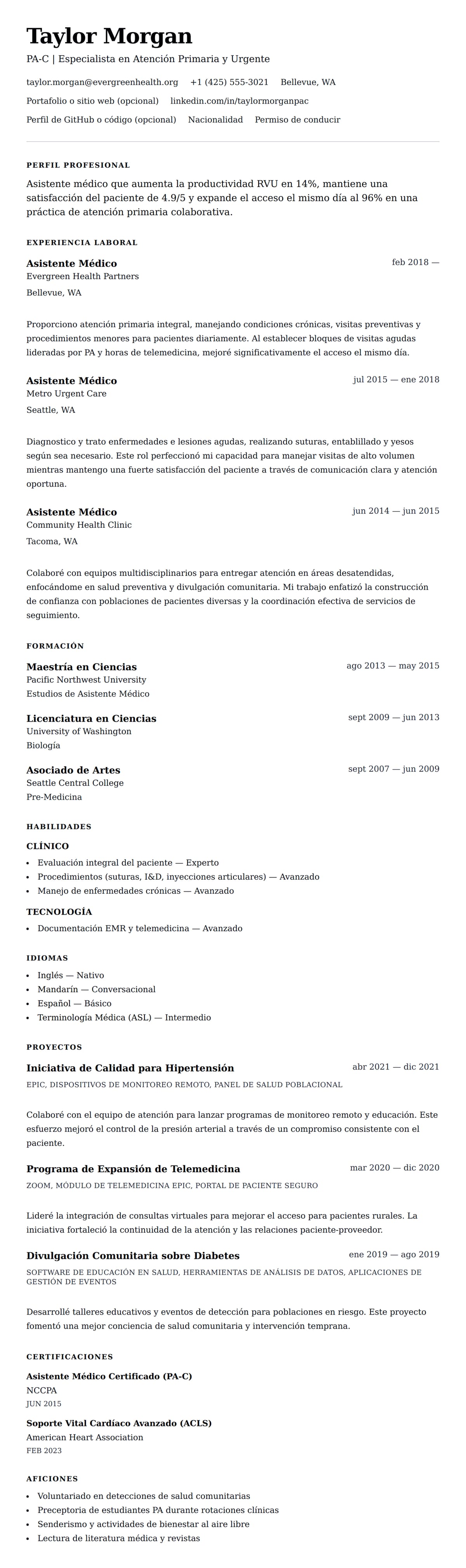 Vista previa del currículum Ejemplo de Currículum de Asistente Médico