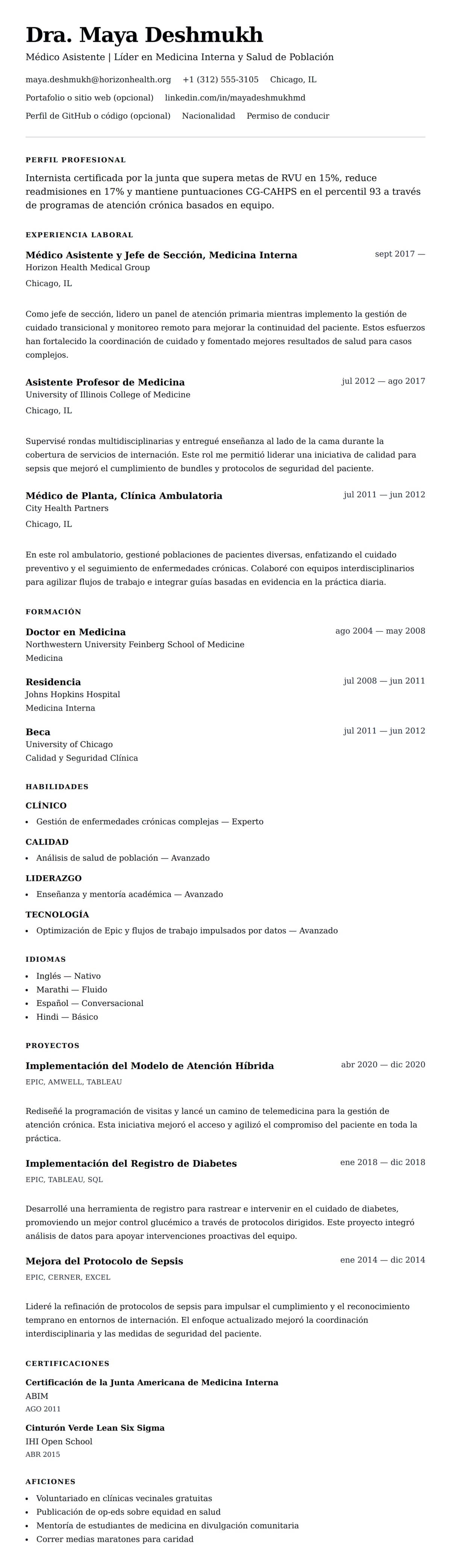 Vista previa del currículum Ejemplo de Currículum de Médico