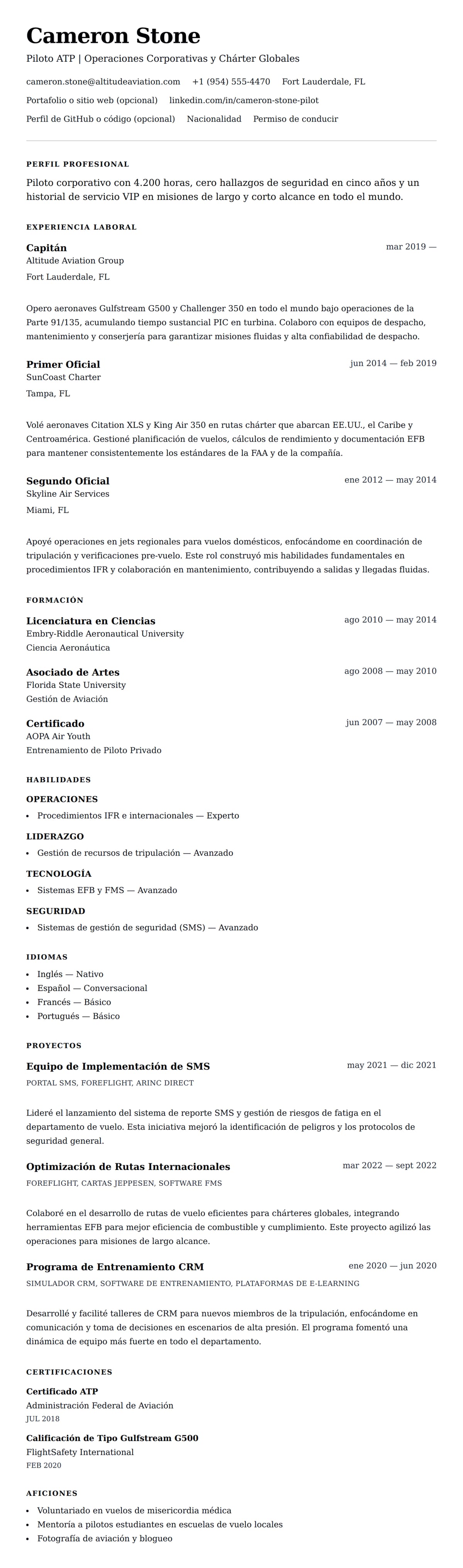 Vista previa del currículum Ejemplo de Currículum de Piloto