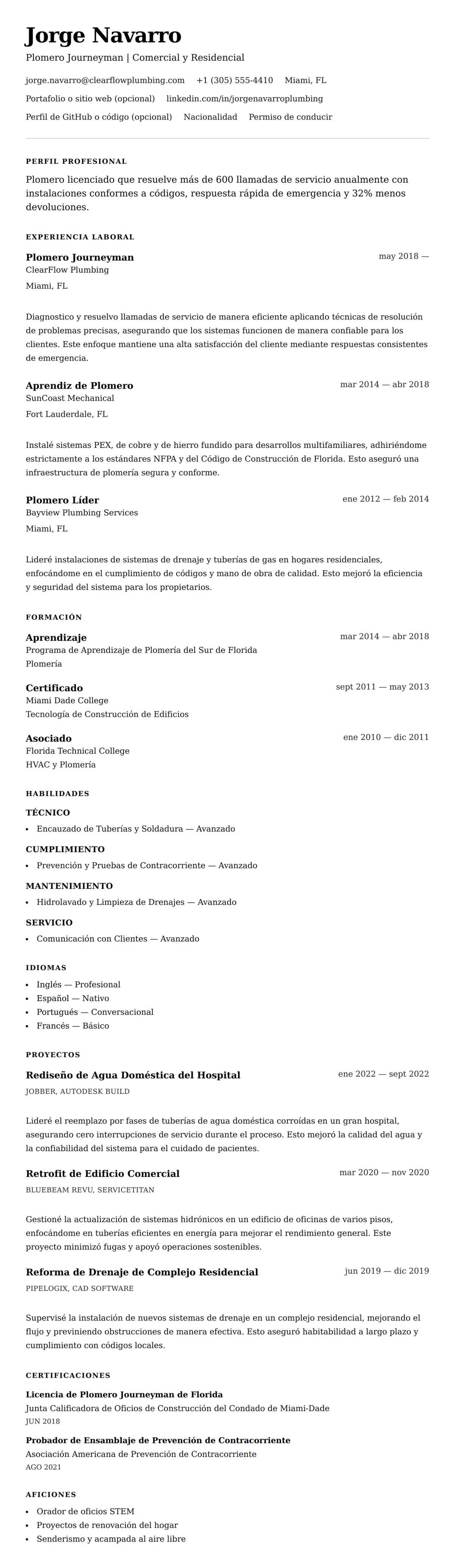 Vista previa del currículum Ejemplo de Currículum de Plomero